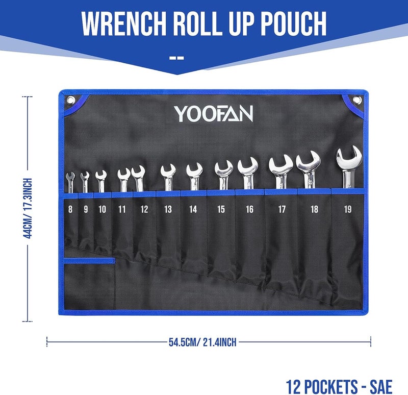 YOOFAN Wrench Roll Up Pouch – Wrench Organizer with 12+1 Pockets, Wrench Bag with Handle, Wrench Holder for Hanging, Blue – Metric - Image 2